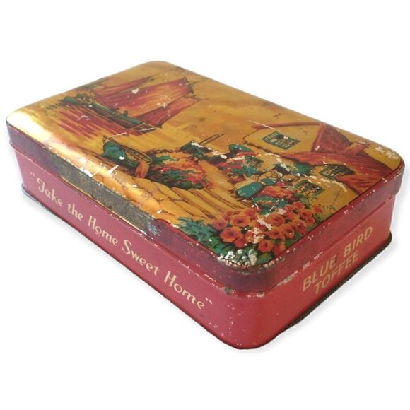 Blue Bird Toffee Tin Boat Village Design Hinged England Vtg Harry Vincent Candy. - Picture 5 of 16